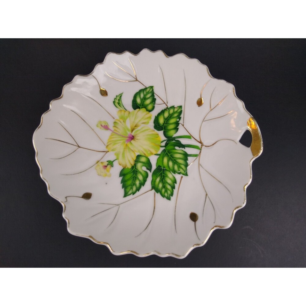 Yellow Flower Leaf Plate Vintage Ceramic Floral Gold Trim Nasco Japan Dish